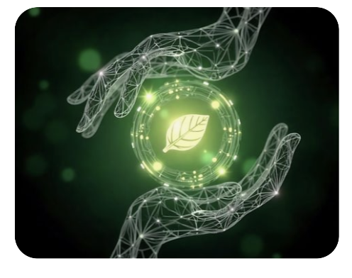 Digital wireframe hands protecting a luminous leaf
